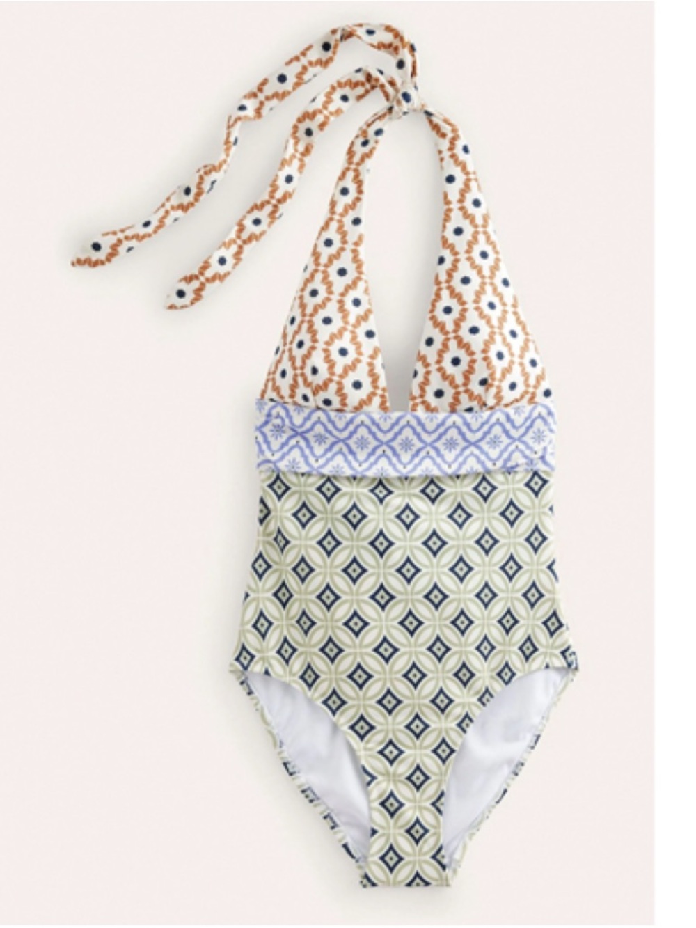 Boden Halter One-Piece Swimsuit Geometric Bow Detail Blue Green Beige 14